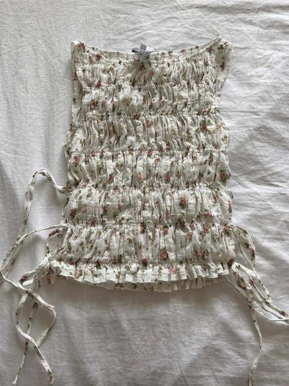 Smocked Floral Tank Top in White with Pink Roses
